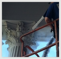 dry ice cleaning and restoration on wood structure at a church
